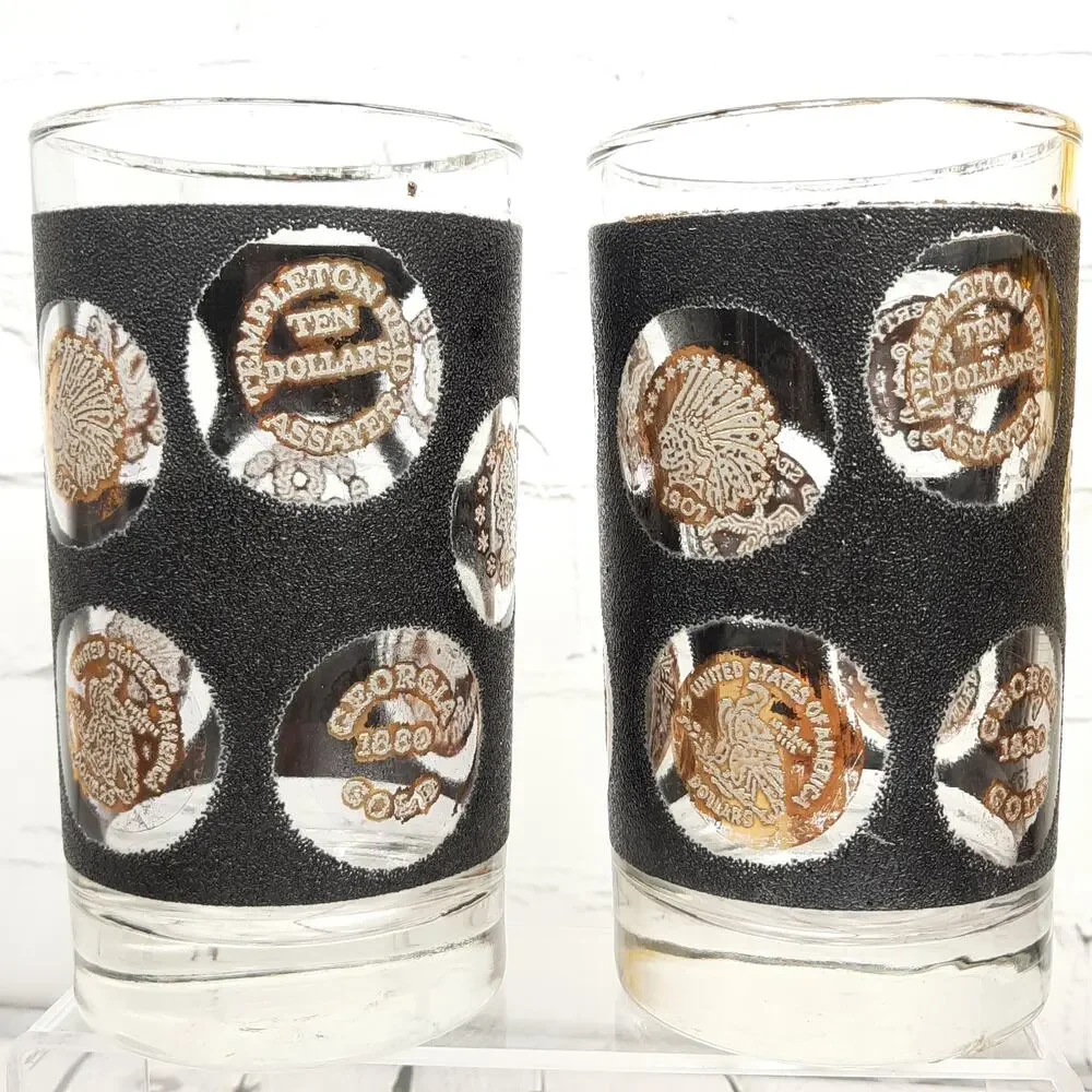 LIBBEY Coin Textured Highball Glasses Black & Gold Vintage Set of 4 Tumblers